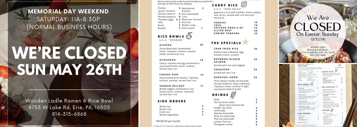 Wooden Ladle Ramen and Rice Bowl Menu