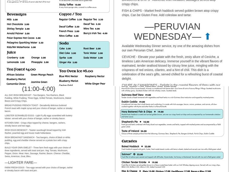 Waterhorse Irish Pub Menu