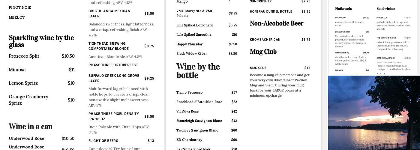 Sunset Pavilion Menu