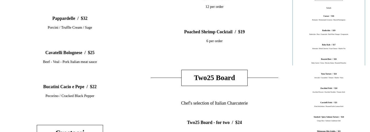Two25 Restaurant Menu