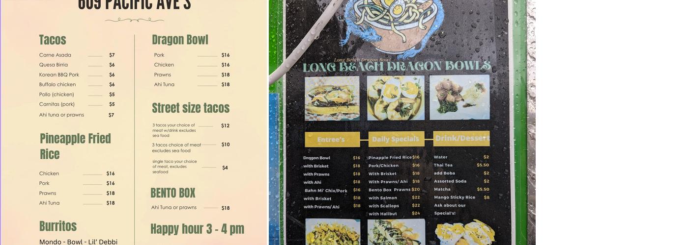 Long Beach Dragon Bowls Menu