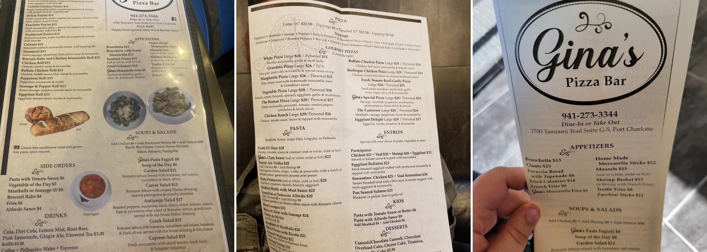 Gina's Pizza Bar Menu