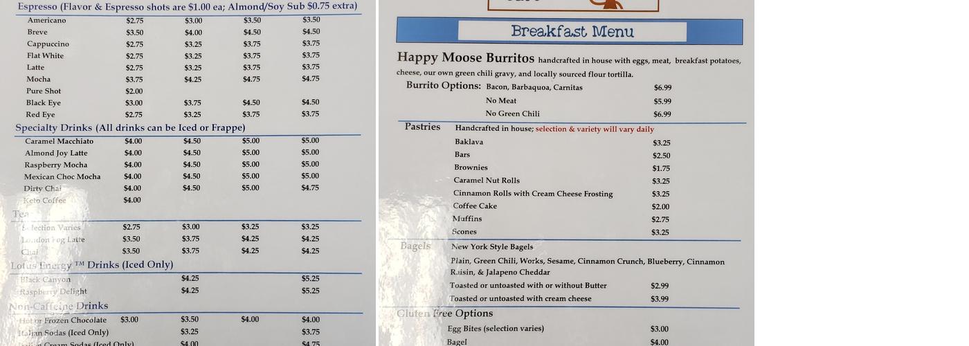 The Happy Moose Cafe Menu