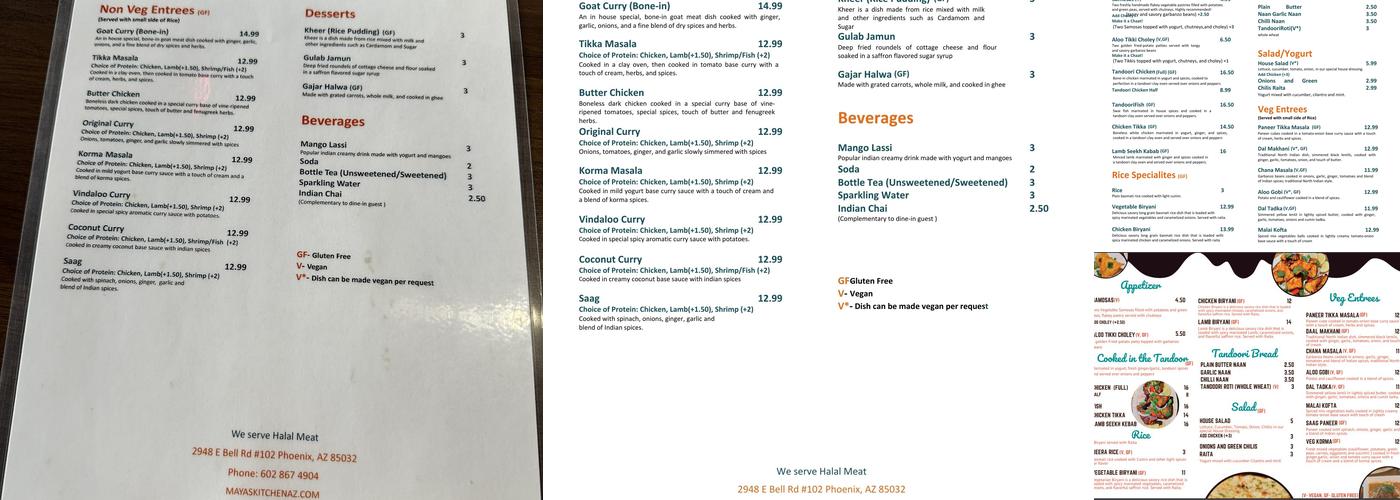 Maya's Kitchen Indian Cuisine Menu