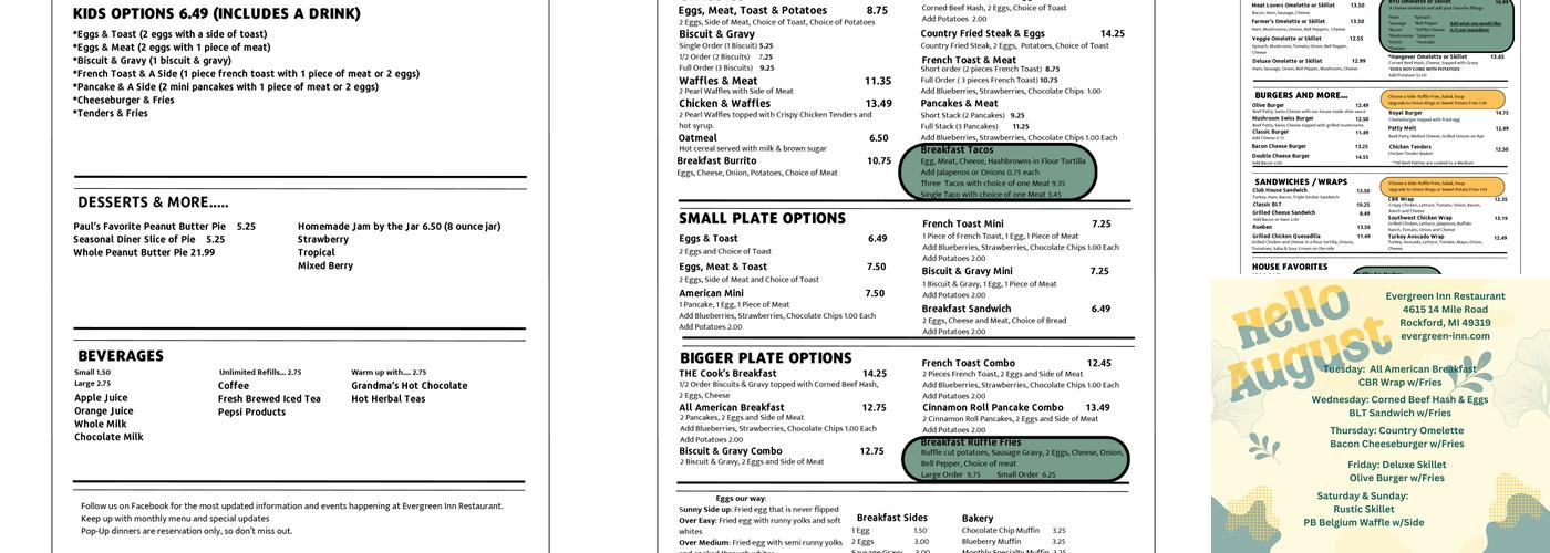 Evergreen Inn Restaurant Menu