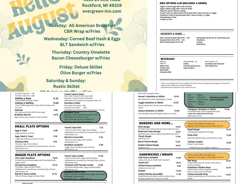 Evergreen Inn Restaurant Menu