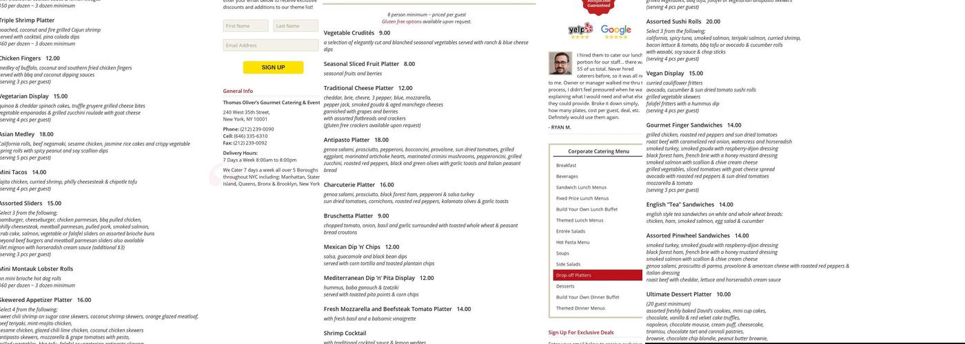 Thomas Oliver's Gourmet Catering Menu