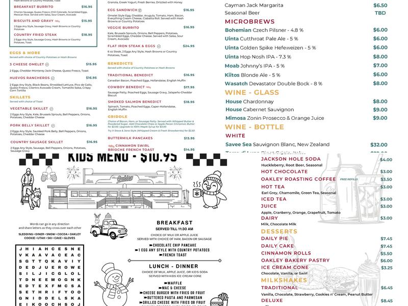 Oakley Diner Menu