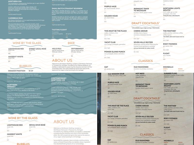 Old Mission Distilling Menu