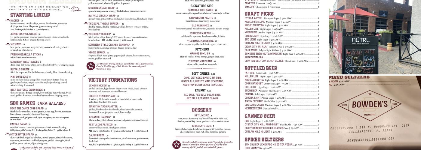 Bowden's Menu