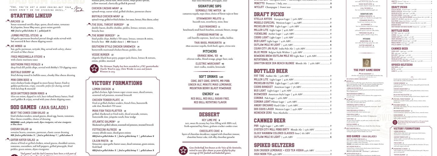 Bowden's Menu
