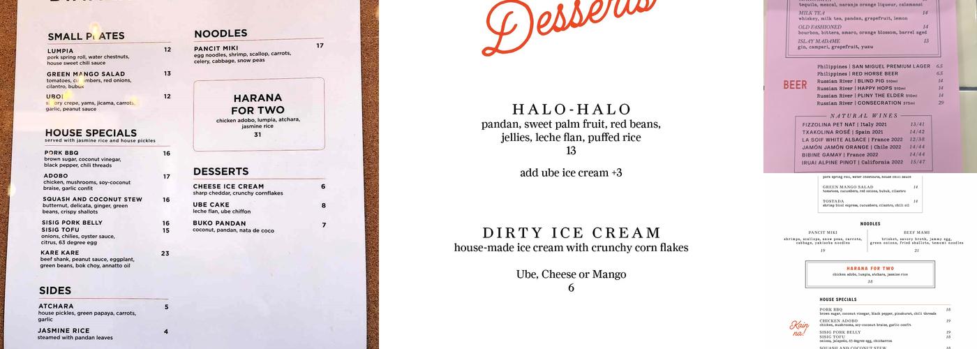 Harana Cafe Menu