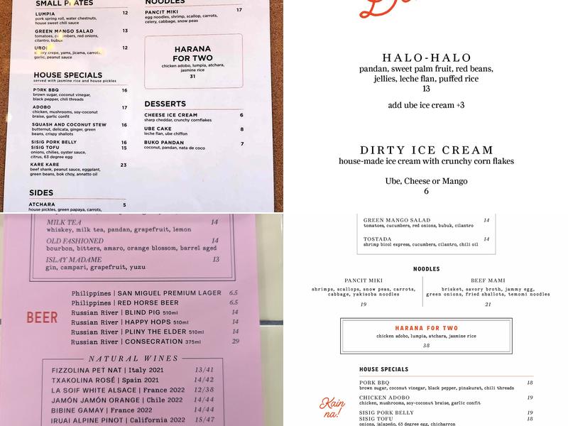 Harana Cafe Menu