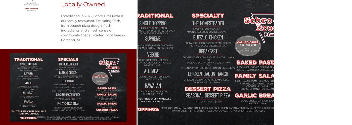 Schro Bros Pizza Menu