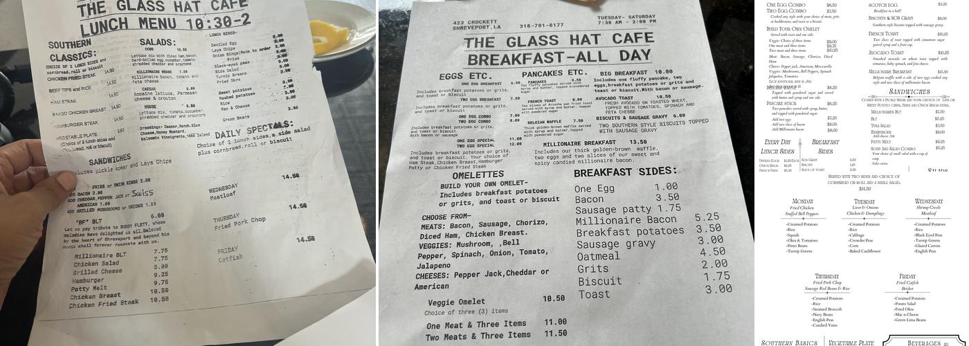 The Glass Hat Cafe Menu