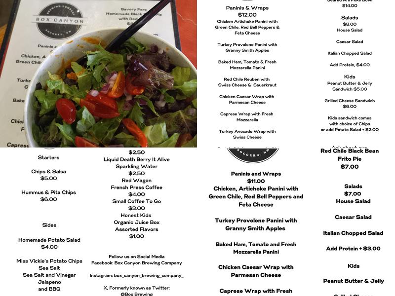 Box Canyon Brewing Company Menu