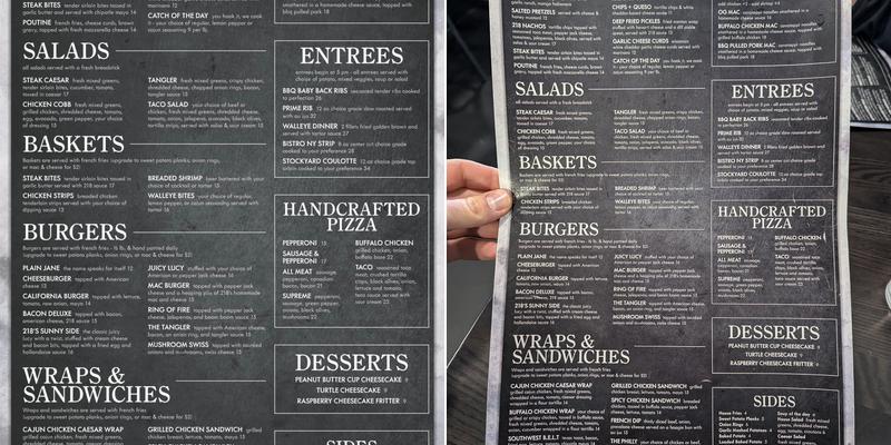 218 Tavern Menu