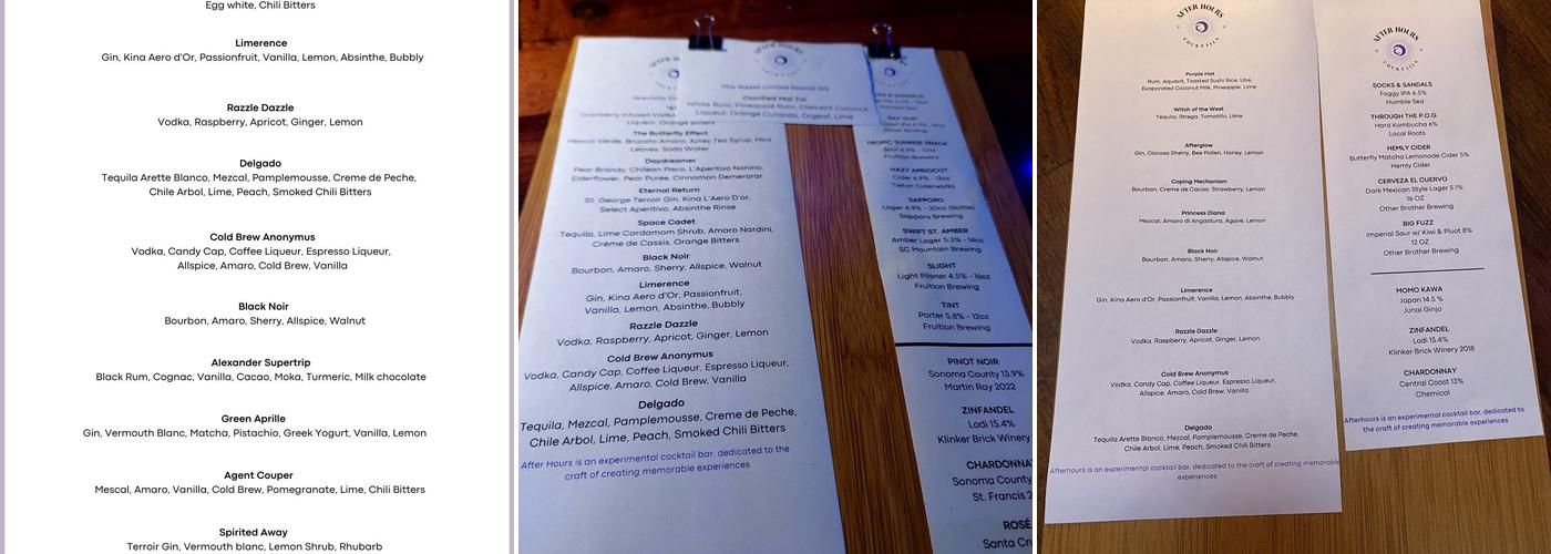 After Hours Cocktail Bar Menu
