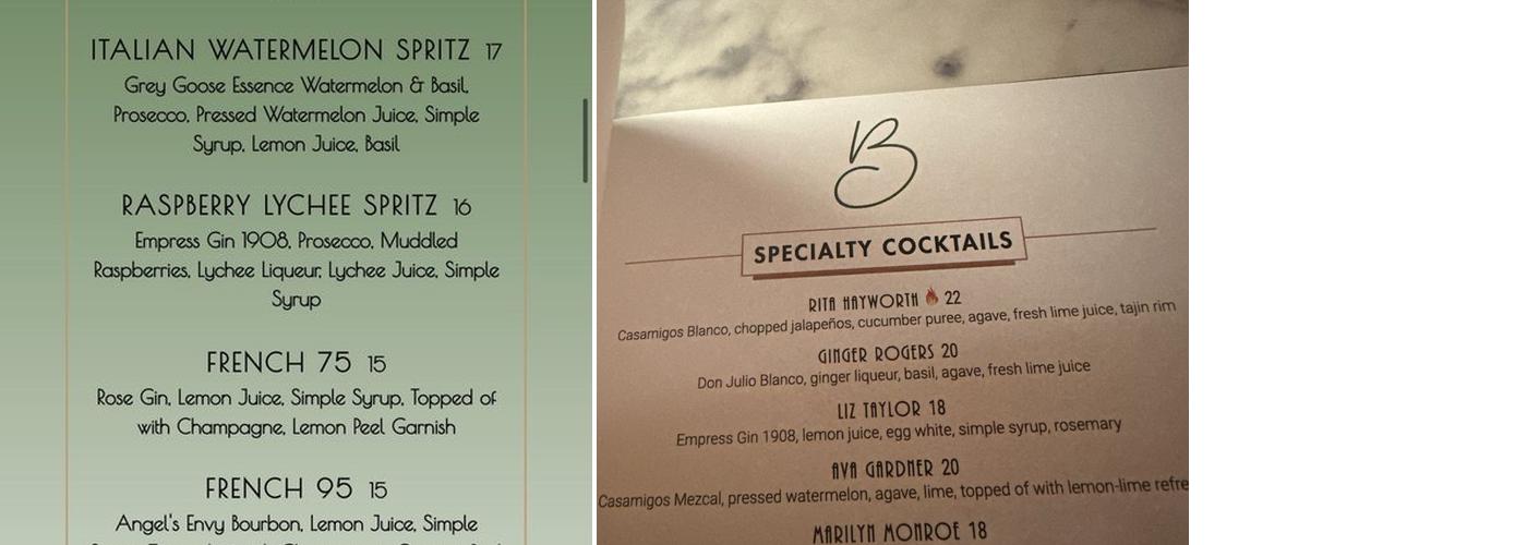Bella Lounge Menu