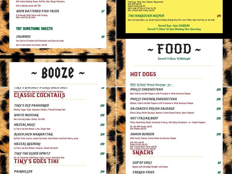 Tiny's Hi-Dive Menu