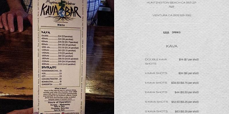 Mystic Water Kava Bar Ventura Menu