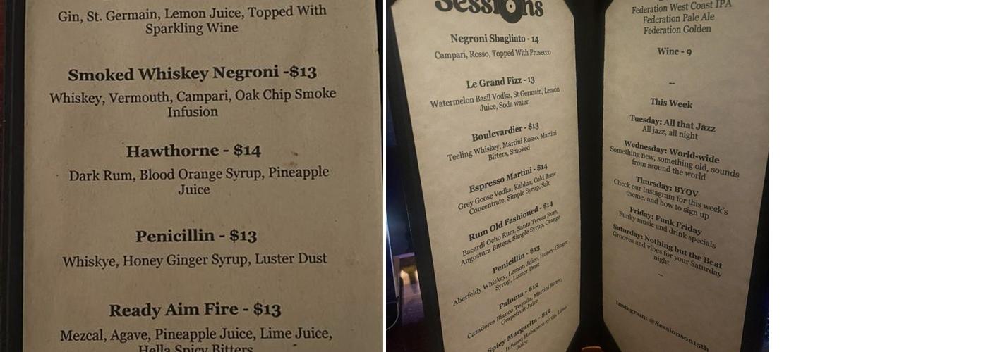 Sessions on 15th Menu