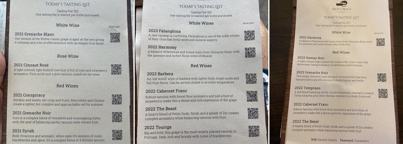 Raven's Reach Winery Menu