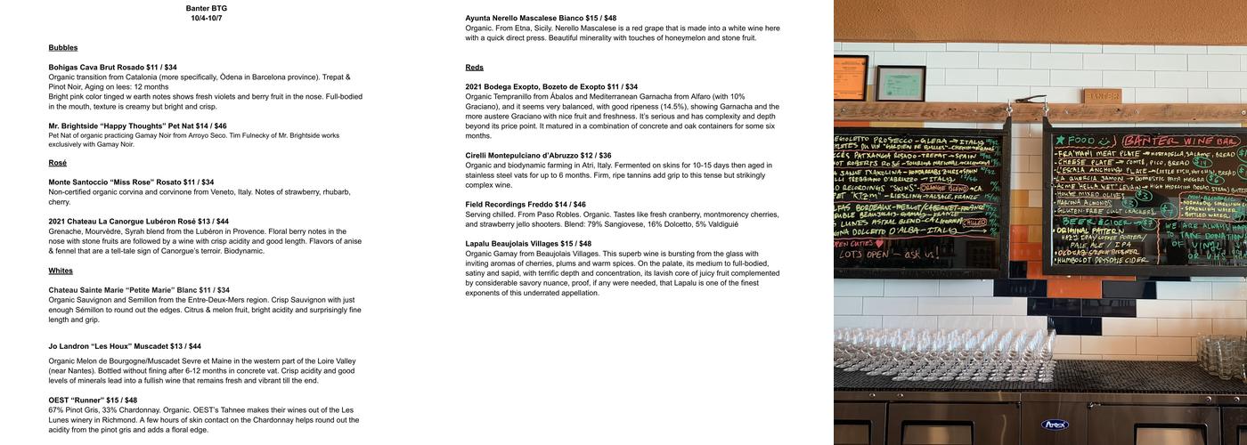 Banter Wine Menu