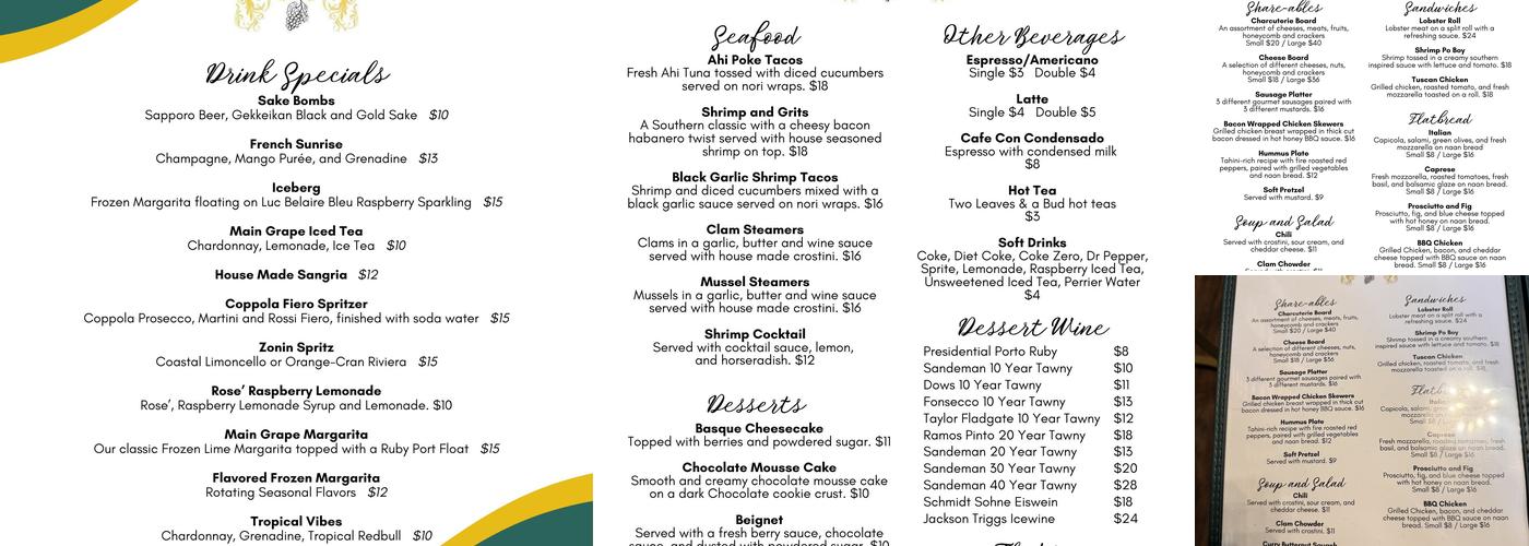 The Main Grape Vacaville Menu