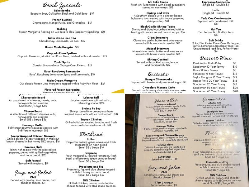 The Main Grape Vacaville Menu