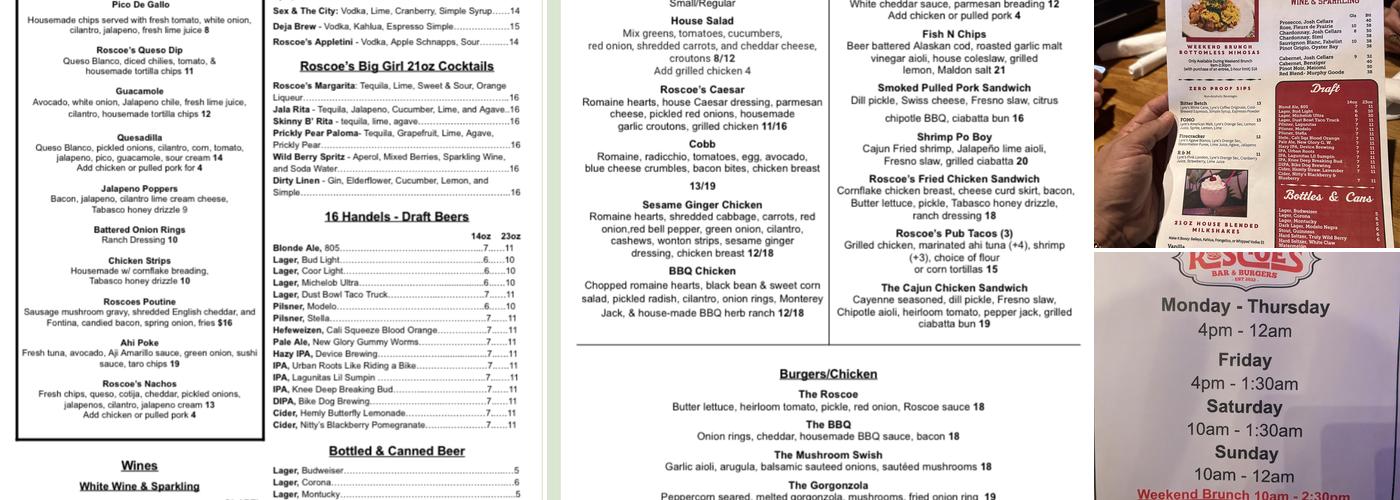 Roscoe’s Bar & Burgers Menu