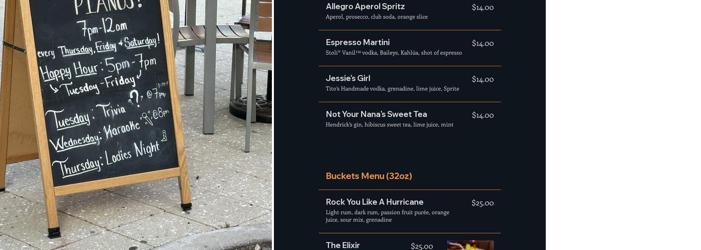 The Nash Keys Dueling Piano Bar & Restaurant Menu