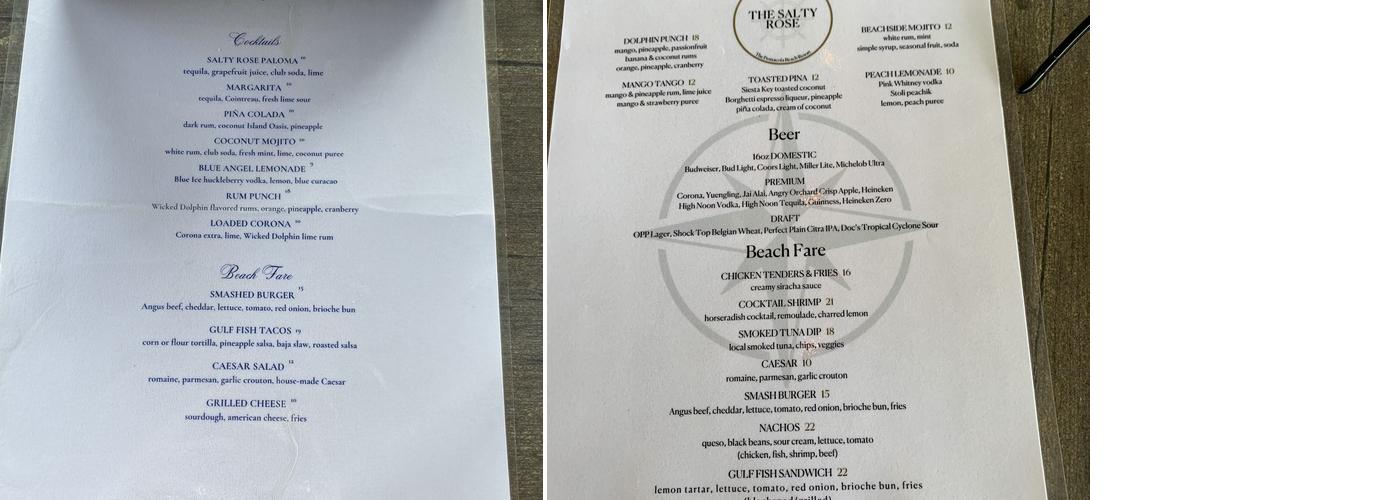 The Salty Rose Beach Bar & Grill Menu