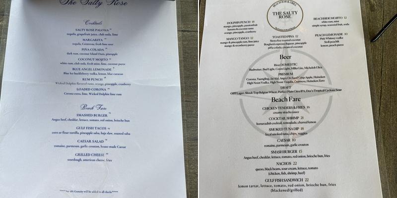 The Salty Rose Beach Bar & Grill Menu