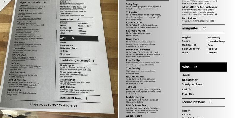 Drift Kauai Restaurant & Bar Menu