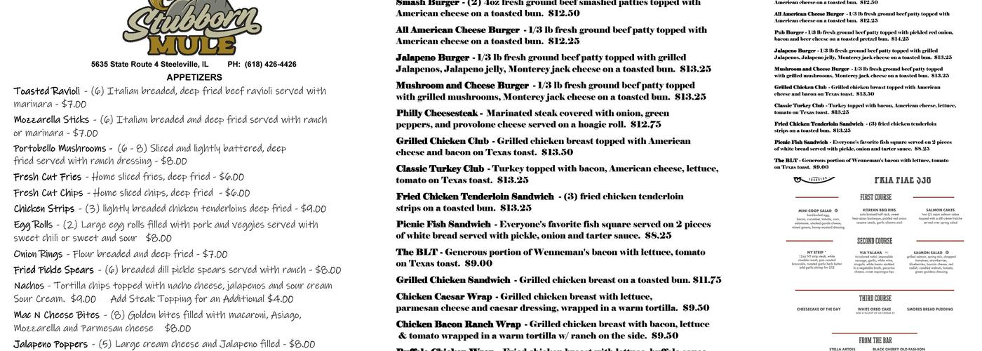 The Stubborn Mule Menu