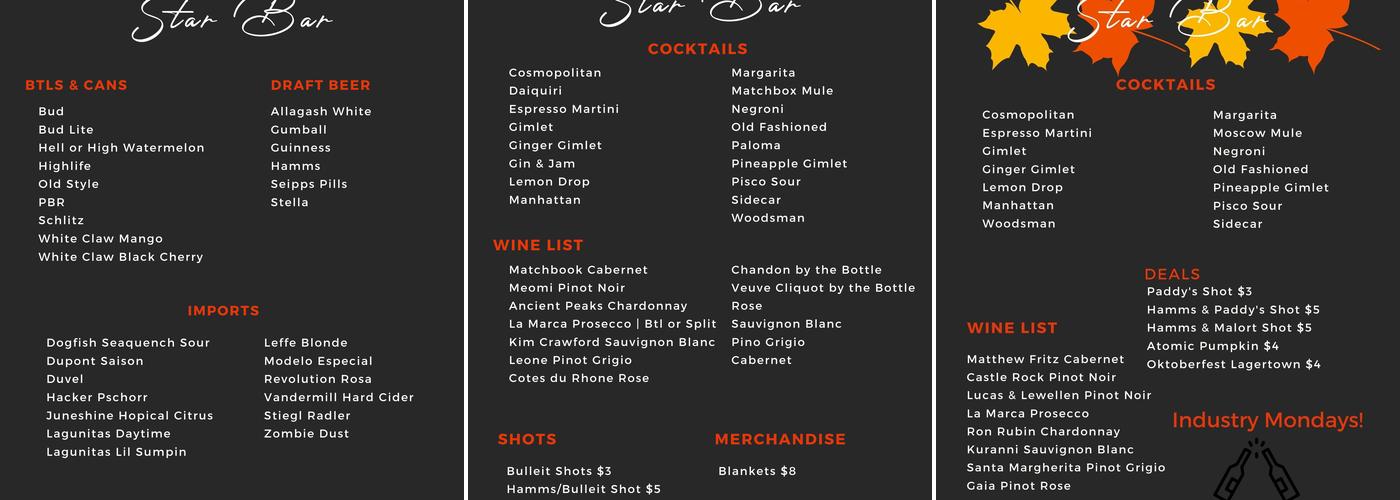 Star Bar Chicago Menu