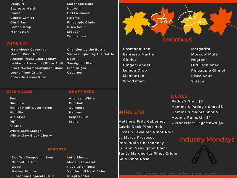 Star Bar Chicago Menu