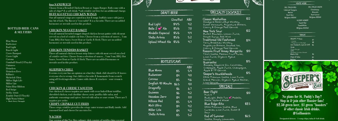 Sleeper's Bar Menu