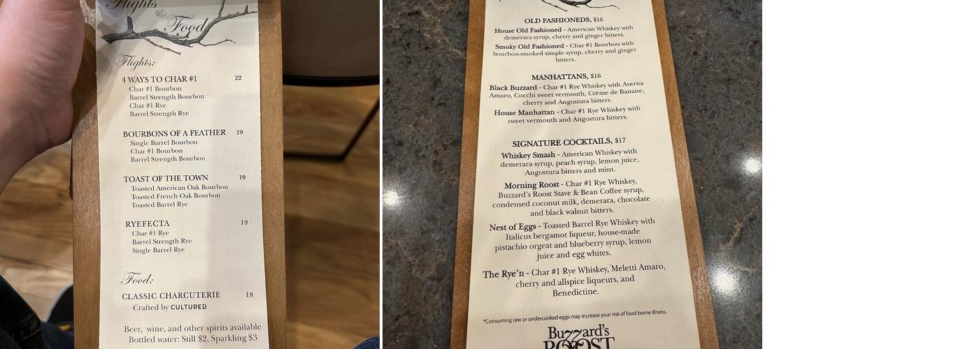 Buzzards Roost Whiskey Row Experience Menu