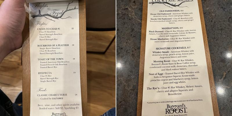 Buzzards Roost Whiskey Row Experience Menu