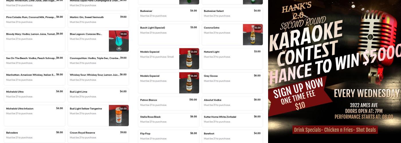 HANK'S 2.0 Menu