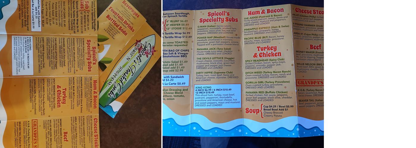 Spicoli's Toasted Subs Menu