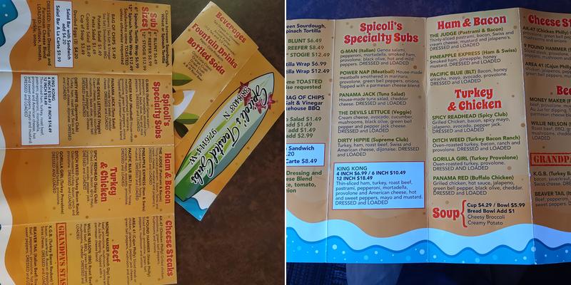 Spicoli's Toasted Subs Menu