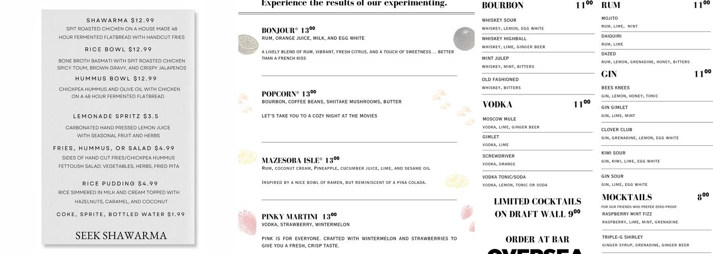 Oversea Distillery Menu