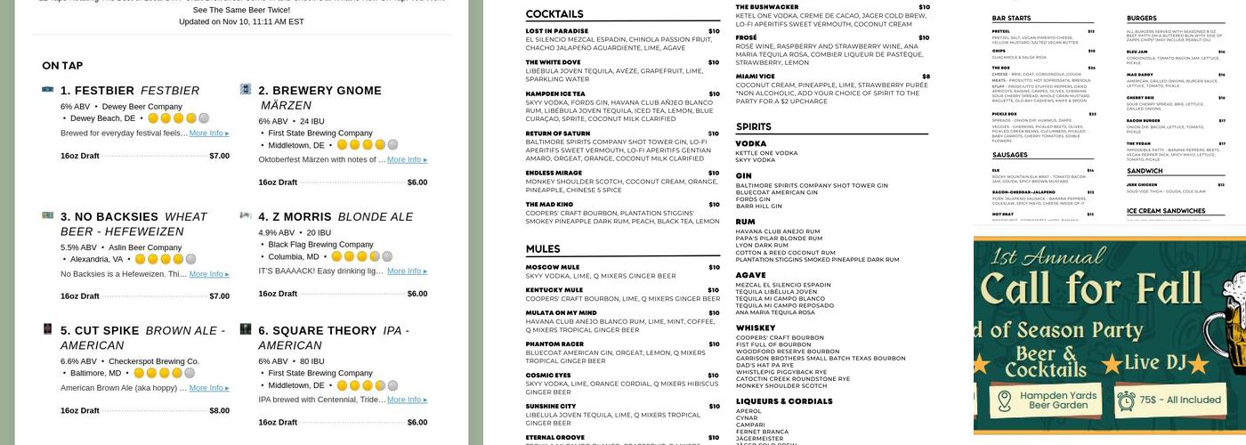 Hampden Yards - Beer Garden Menu