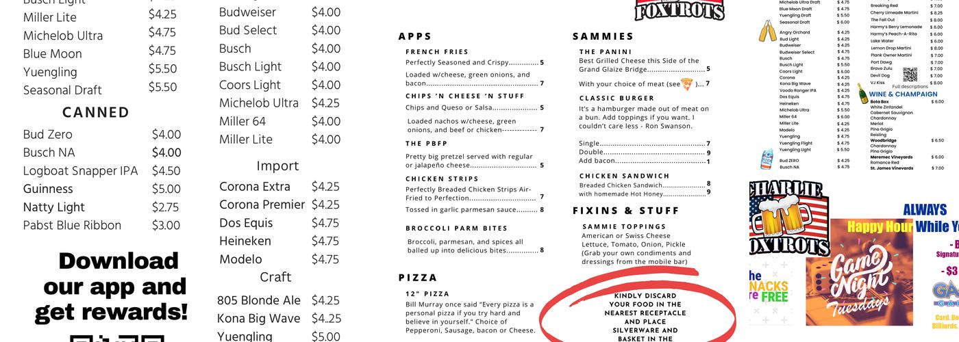 Charlie Foxtrots Menu