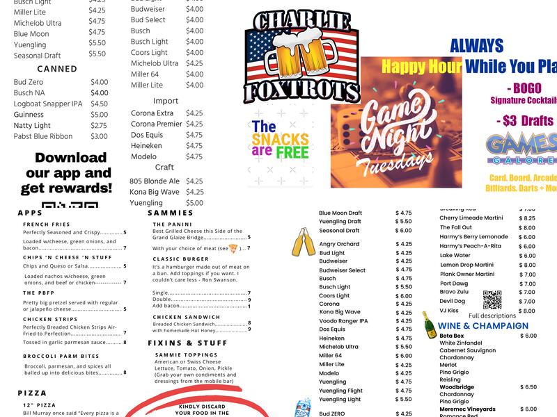 Charlie Foxtrots Menu