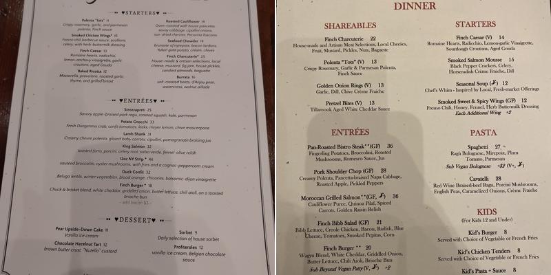 Finch Restaurant & Bar Menu