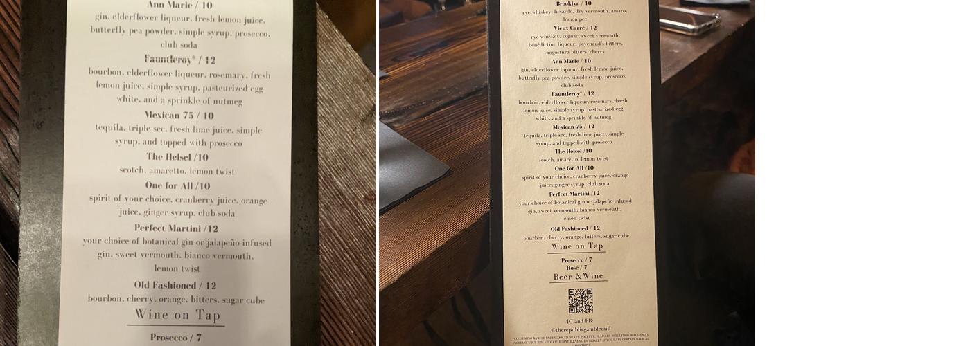 The Republic at the Gamble Mill Menu